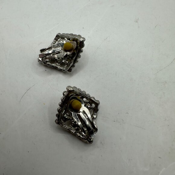 Vintage Rhinestone Clip-On Earrings Silver Tone Geometric Design - Picture 3 of 4